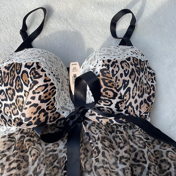 Victoria’s Secret (34D) Sheer Mesh/Lace Babydoll lingerie top leopard print NWT - Picture 2 of 7